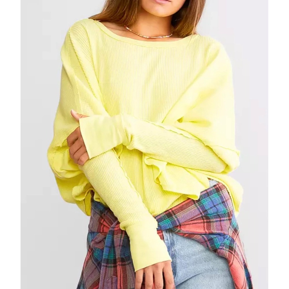 Free People Microphone Drop Lemon Grass Yellow Thermal Top Waffle Knit Medium